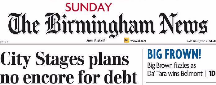 Birmingham News, front page, 6/08/08