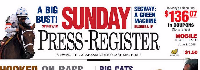 Press Register, front page, 6/08/08