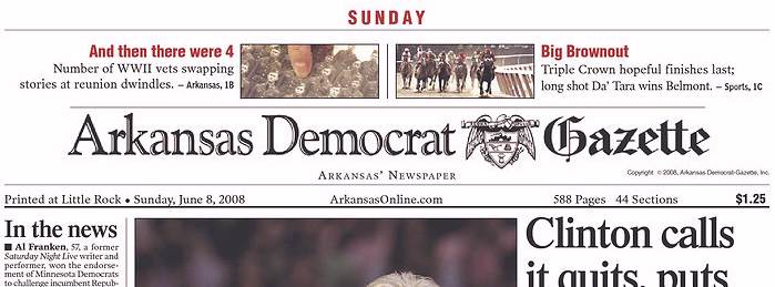 Arkansas Democrat Gazette, front page, 6/08/08
