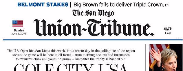 San Diego Union-Tribune, front page, 6/08/08