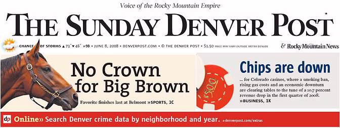 Sunday Denver Post, front page, 6/08/08