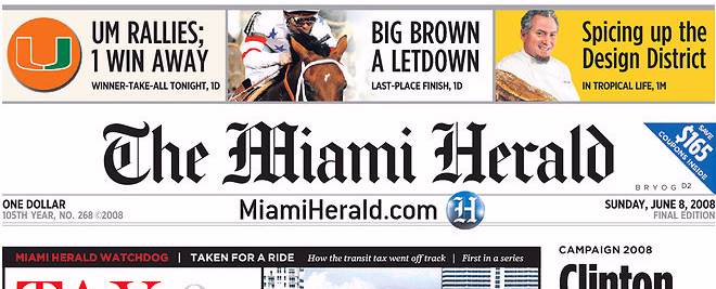 Miami Herald, front page, 6/08/08