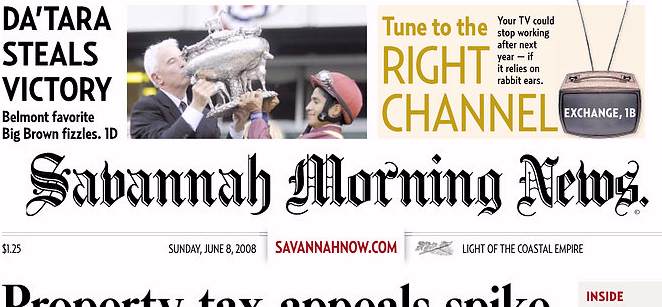 Savannah Morning News, front page, 6/08/08