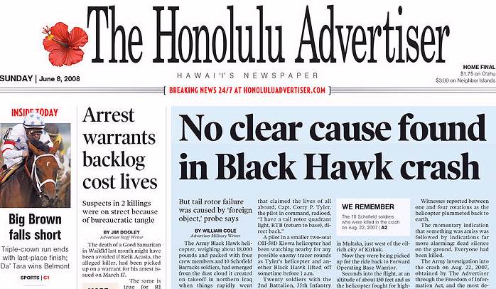 Honolulu Advertiser, front page, 6/08/08