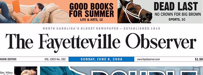 Fayetteville Observer, front page, 6/08/08