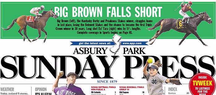 Ashbury Park Press, front page, 6/08/08