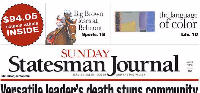 Statesman Journal, front page, 6/08/08