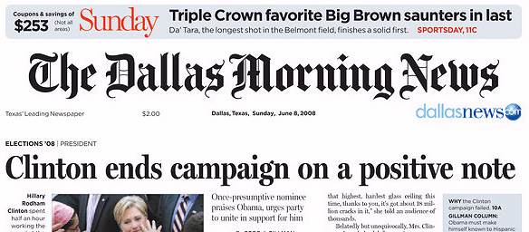 Dallas Morning News, front page, 6/08/08