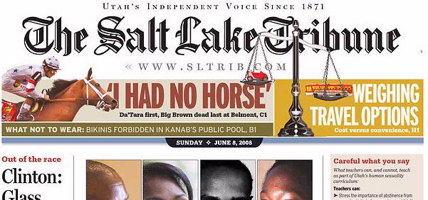 Salt Lake Tribune, front page, 6/08/08