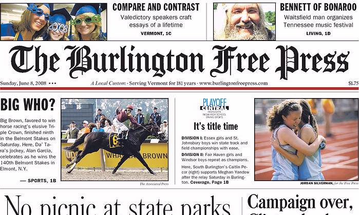 Burlington Free Press, front page, 6/08/08