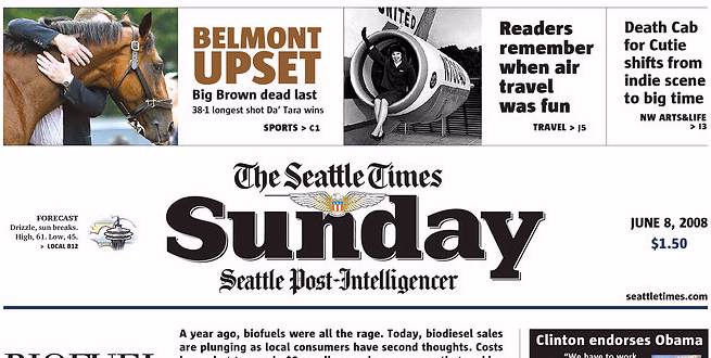 Seattle Times, front page, 6/08/08
