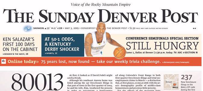 Sunday Denver Post, front page, 5/03/09