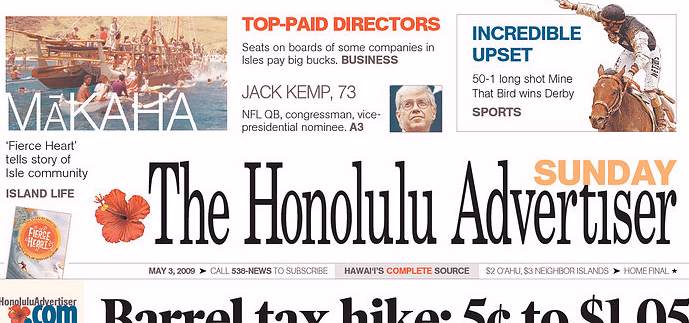 Honolulu Advertiser, front page, 5/03/09