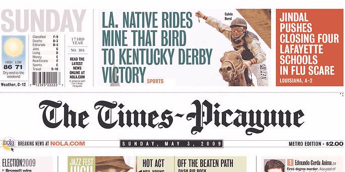New Orleans Times-Picayune, front page, 5/03/09