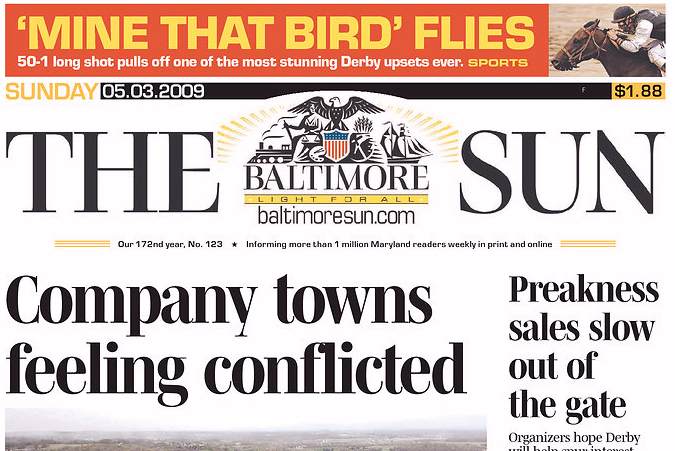 Baltimore Sun, front page, 5/03/09