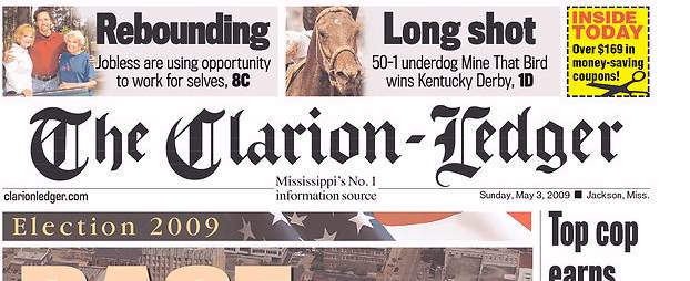 The Clarion-Ledger, Mississippi, front page, 5/03/09