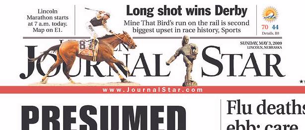 Journal Star, Nebraska, front page, 5/03/09