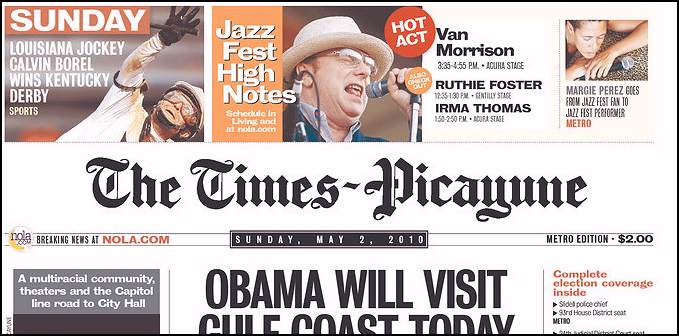 New Orleans Times-Picayune, front page, 5/02/10