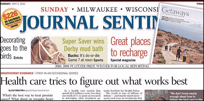 Journal Sentinel, front page, 5/02/10